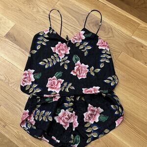 Val Mode Lingerie Women Size Medium Black Camisole Short Set Floral 90s Vintage